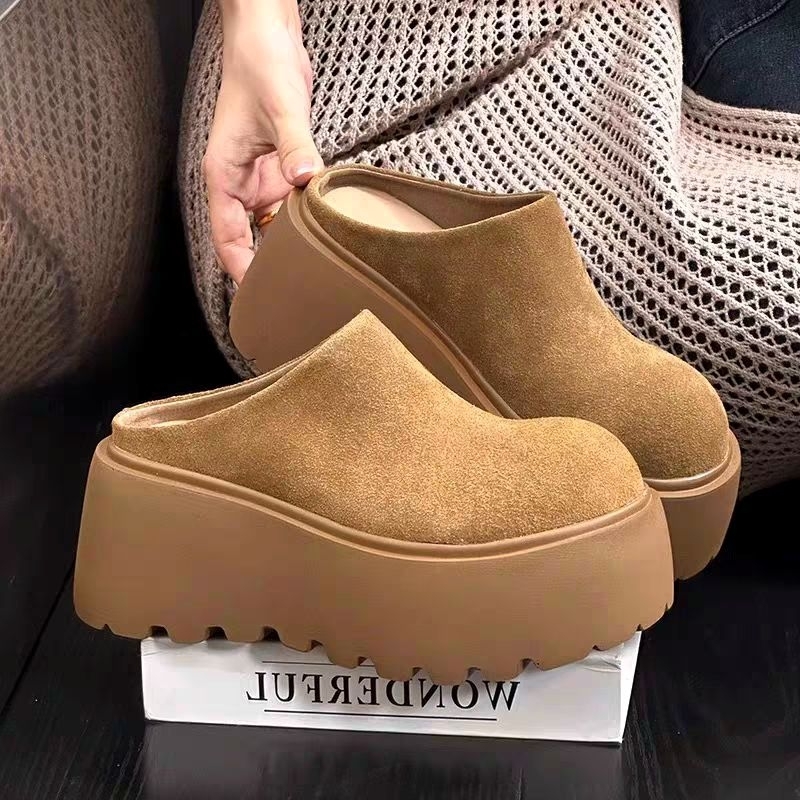 OhBlablaShoes  *NEW*  พร้อมส่ง รองเท้าเปิดส้น หนังกลับ  (สูง7.5ซม.)  สี BROWN