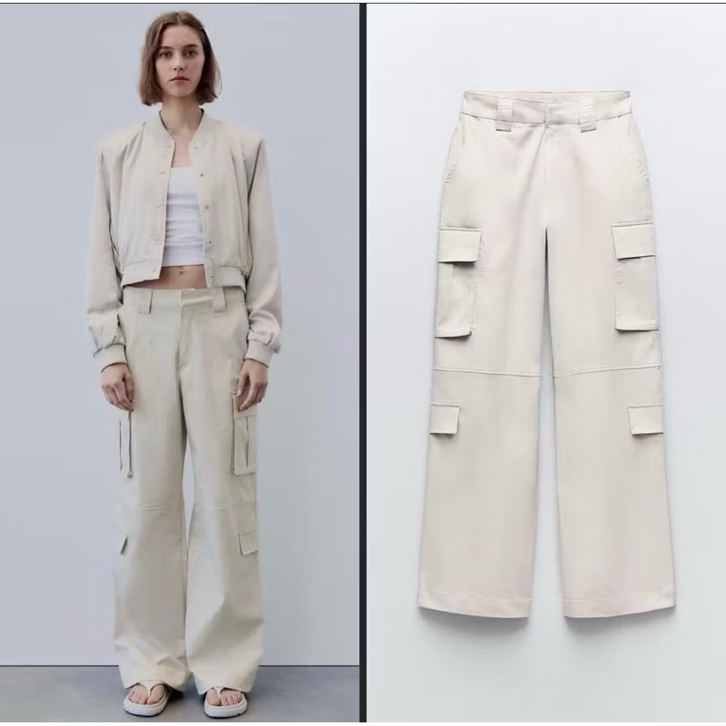 เข้าเพิ่ม กางเกงทรงขากระบอกคาร์โก้ ผ้าซาตินอย่างดี ZARA SATIN MULTI-POCKET CARGO TROUSERS แบรนด์แท้ มีดำ ครีม
