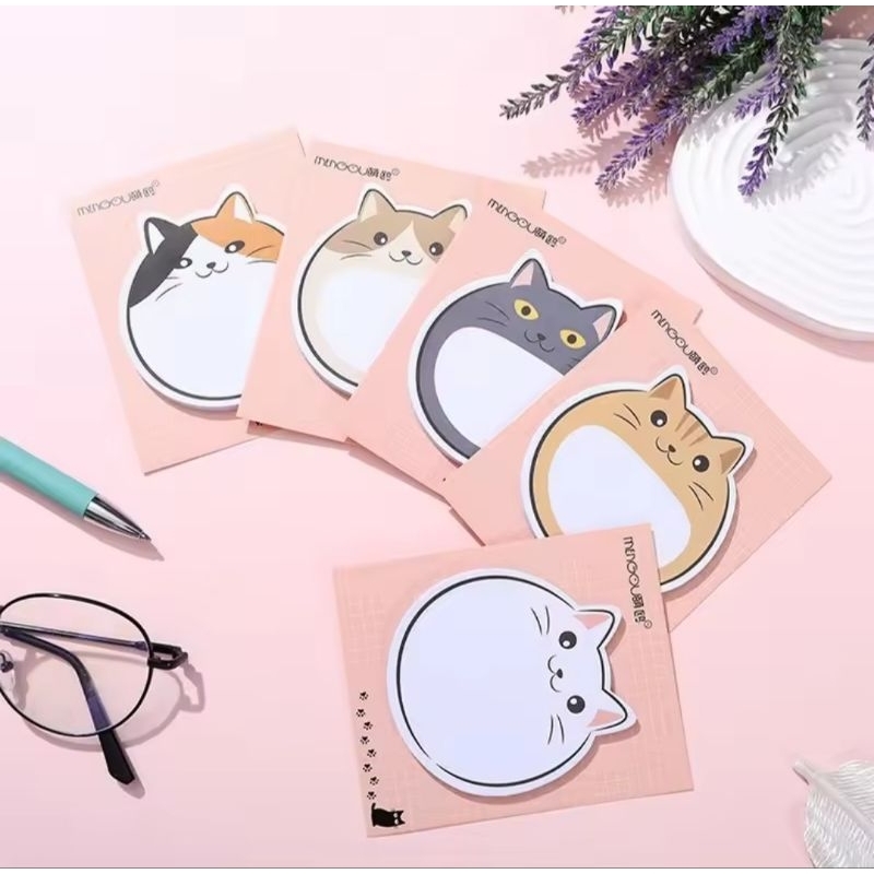 พร้อมส่ง 😸 Kawaii Cat เครื่องเขียน : โพสอิท กระดาษโน้ตลายแมว หน้ากลม 1 ชิ้น ขนาด 7×8 ซม