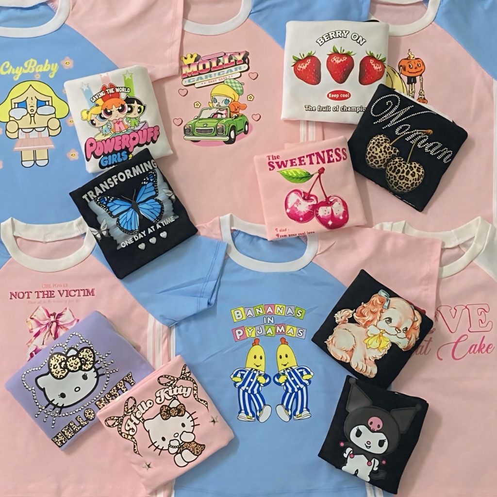 งานใหม่! เสื้อครอปทูโทน [ แต่งแถบข้าง ] สกรีนลายน่ารักมากก