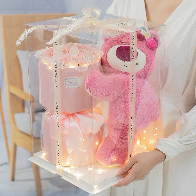 #พร้อมส่งจากไทย# หมี Lotso ดอกกุหลาบ 6 ดอก (งานกล่อง+ไฟ) ขนาดหมี 40 ซม.
