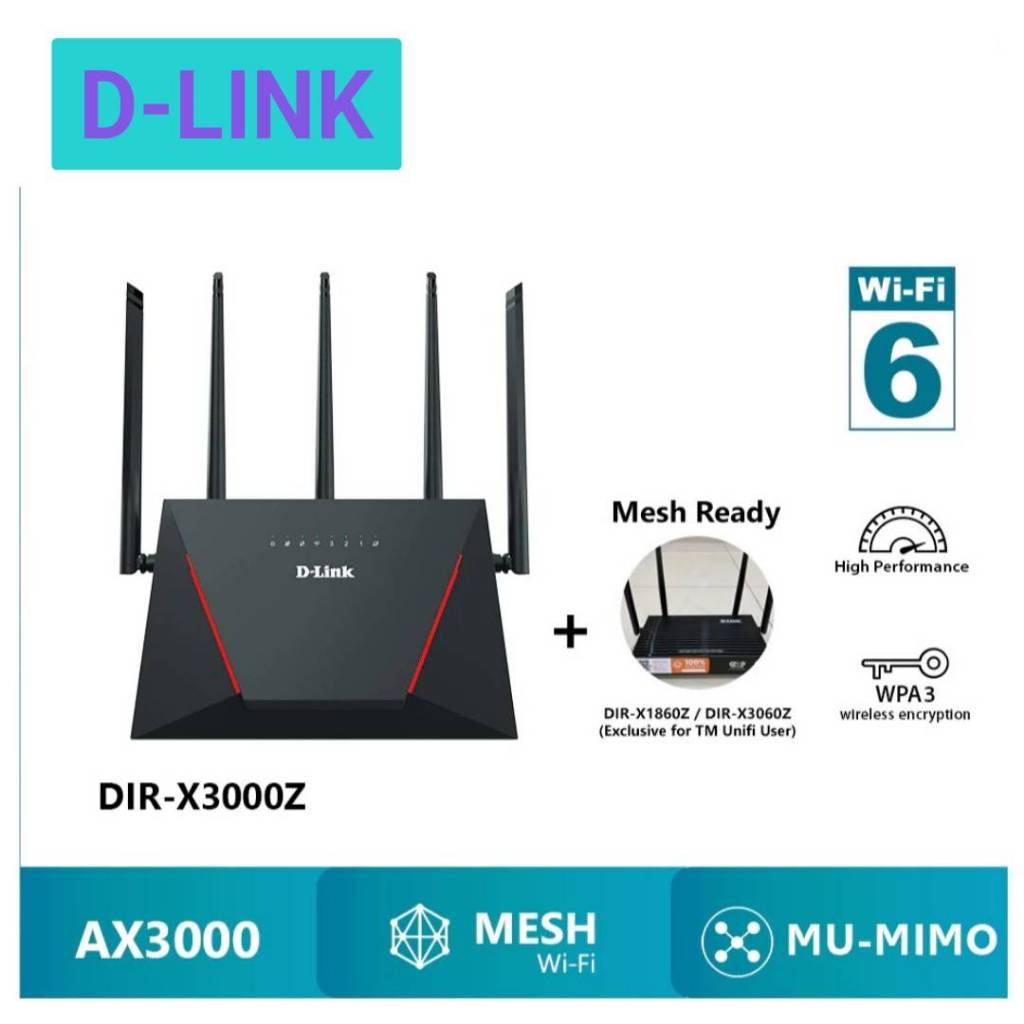 เราเตอร์ D-Link DIR-X3000Z AX3000 Mesh Gigabit Wireless Router ความเร็วสัญญาณไร้สาย AX3000 (2.4 GHz: