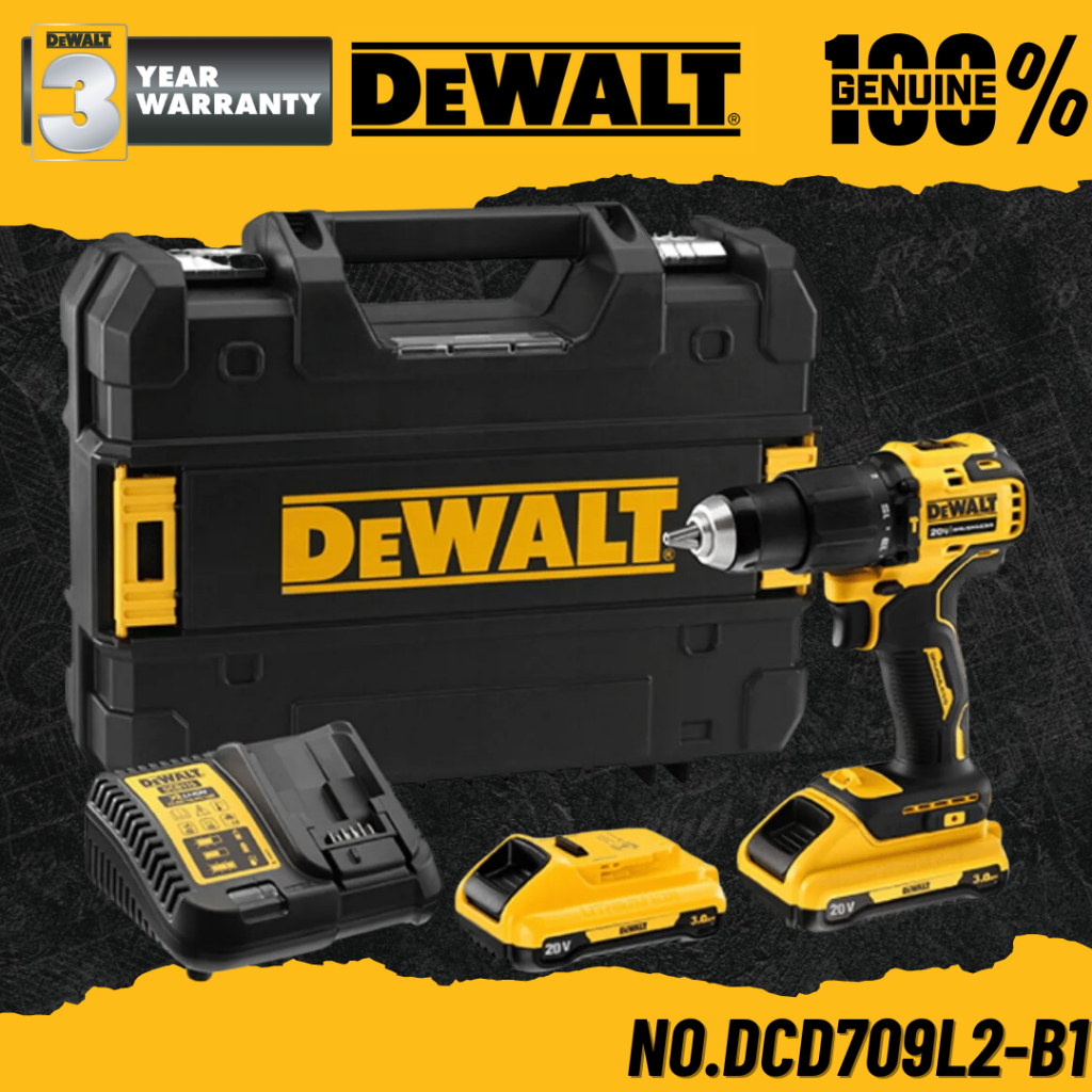 DEWALT สว่านกระแทกไร้สาย 20V พร้อมแบตเตอรี่ 3.0Ah และแท่นชาร์จ No.DCD709L2-B1
