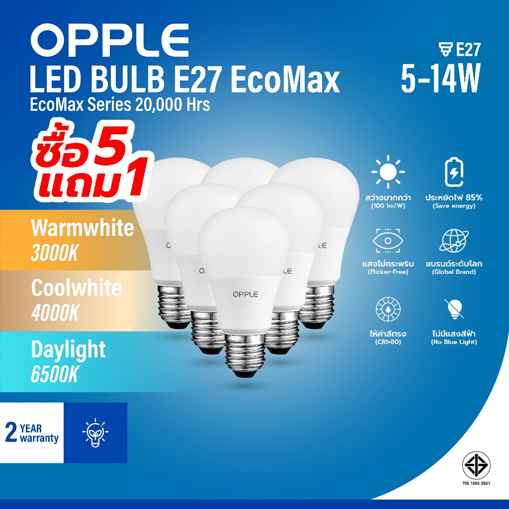 [5 แถม 1] OPPLE | หลอดไฟ LED BULB ขั้ว E27 EcoMax 5W/7W/9W/12W/14W 3 สี ถนอมสายตา ประกัน2ปี 20000ชม
