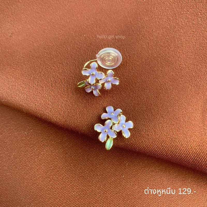 ( ต่างหูหนีบ ขดลวด ) ต่างหูดอกไม้ ต่างหูดอกไม้สีม่วง
