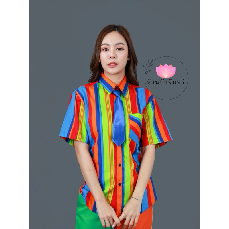 เสื้อเชิ้ตแขนสั้นลายริ้ว เสื้อย้อนยุค เสื้อแหยม