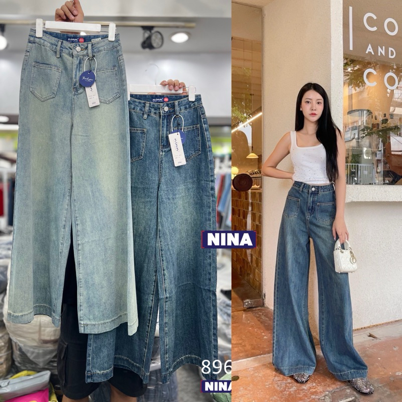 🌈𝑵𝒊𝒏𝒂.𝒋𝒆𝒂𝒏𝒔#8961 กางเกงยีนส์ขาบาน เอวสูง ผ้าไม่ยืด กระเป๋าปะหน้า 2 ใบใช้งานได้จริง งานเย็บปลายขา สีฟอกสวยแพงบอกเลยว่าปัง
