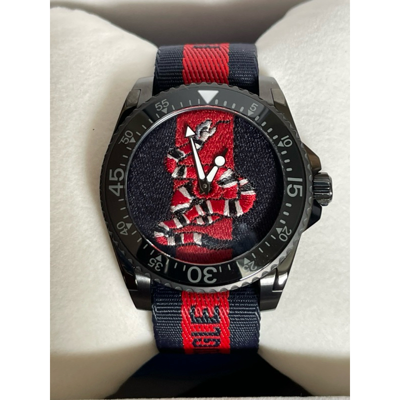 GUCCI Dive Blue Red Snake Fabric Strap Men's Watch YA136214