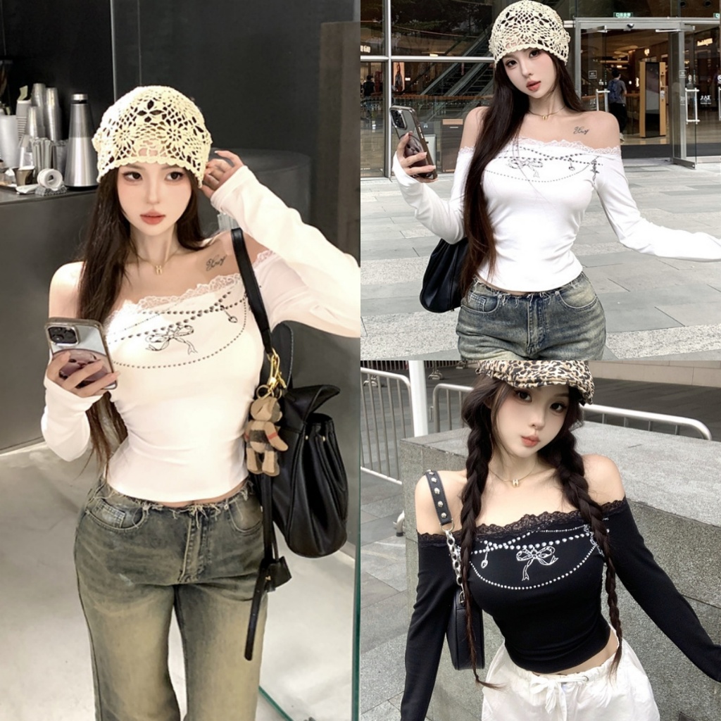 Beryl  เสื้อยืดเข้ารูปลูกไม้ไหล่เดียวพิมพ์ลายโบว์สุดเซ็กซี่ สไตล์เกาหลีน่ารักๆ ใส่สบายดูผอม