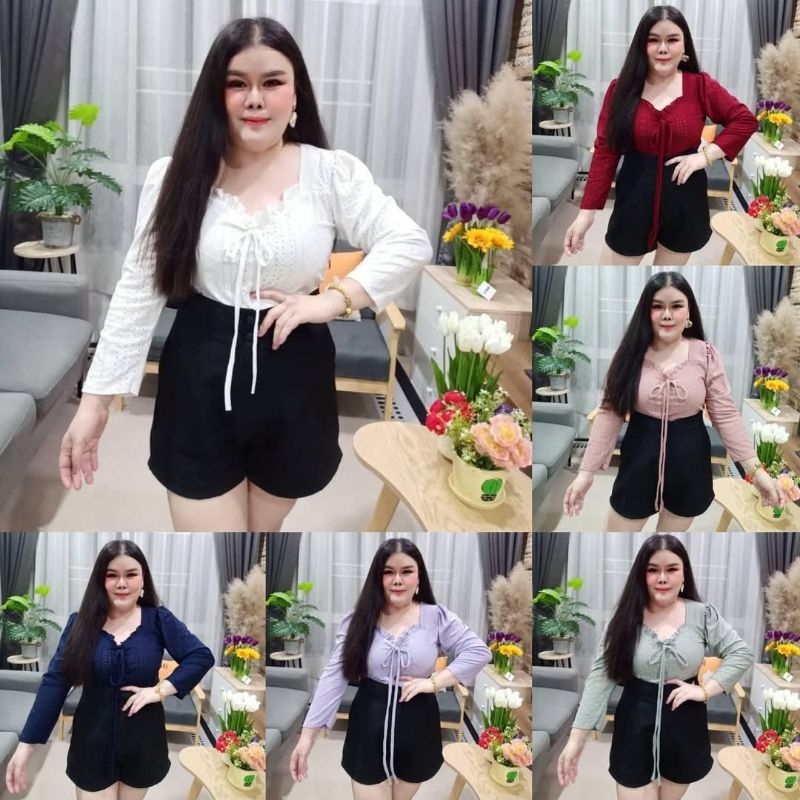 เสื้อแขนยาวผ้าฉลุลูกไม้ผูกโบว์ระบายหน้า