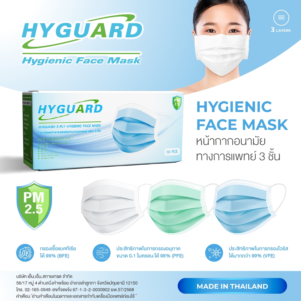 Hyguard หน้ากากอนามัยทางการแพทย์ 3 ชั้น บรรจุกล่อง 50 ชิ้น
