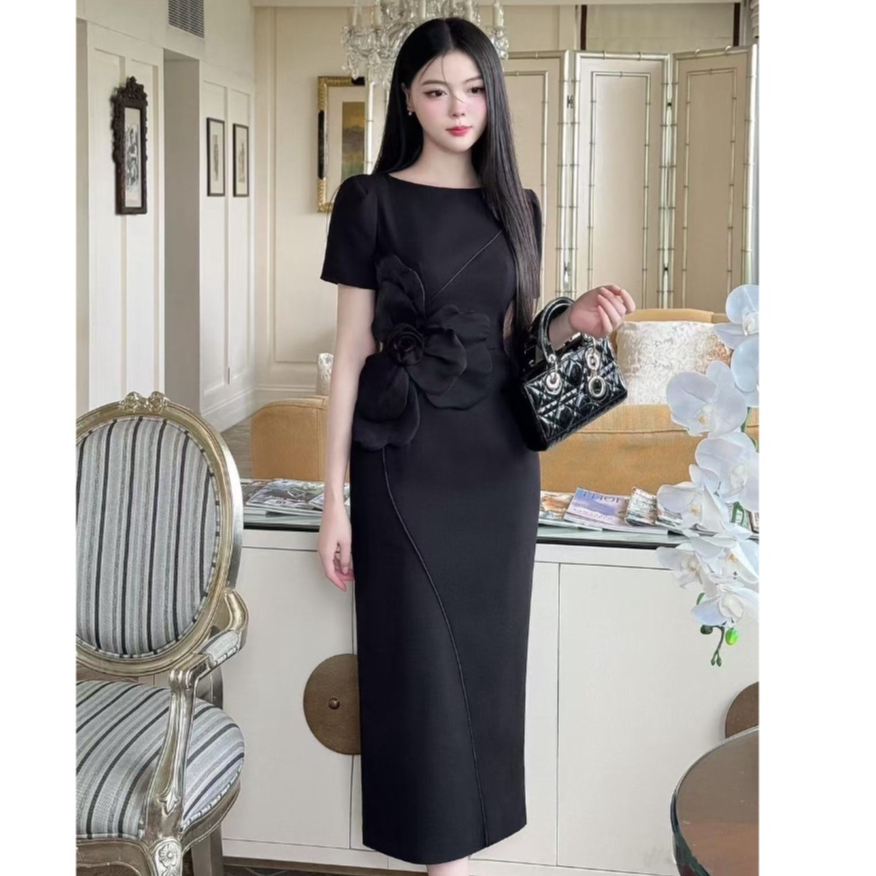 [NITTAYA] D2645 ชุดเดรสกระโปรงยาวคอกลมแขนสั้นแต่งดอกไม้ช่วงเอวสวยหรูลุคคุณ ใส่เที่ยว ออกงาน ดินเนอร์