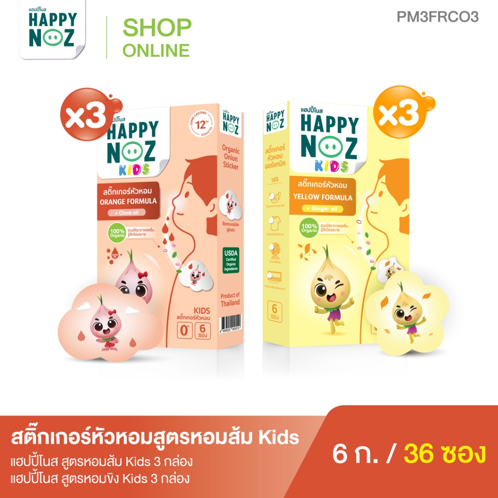 โปรคู่ สู้ฝุ่น Happy Noz สูตรหอมส้ม 3 กล่อง แถมฟรี สูตรหอมขิง 3 กล่อง