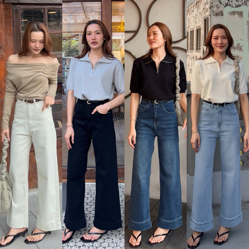 Gagel Jeans ยีนส์ขาเต่อสุด cute ยีนส์เอวสูงขากระบอกกลางผ้ายีนส์ยืดพรีเมี่ยม