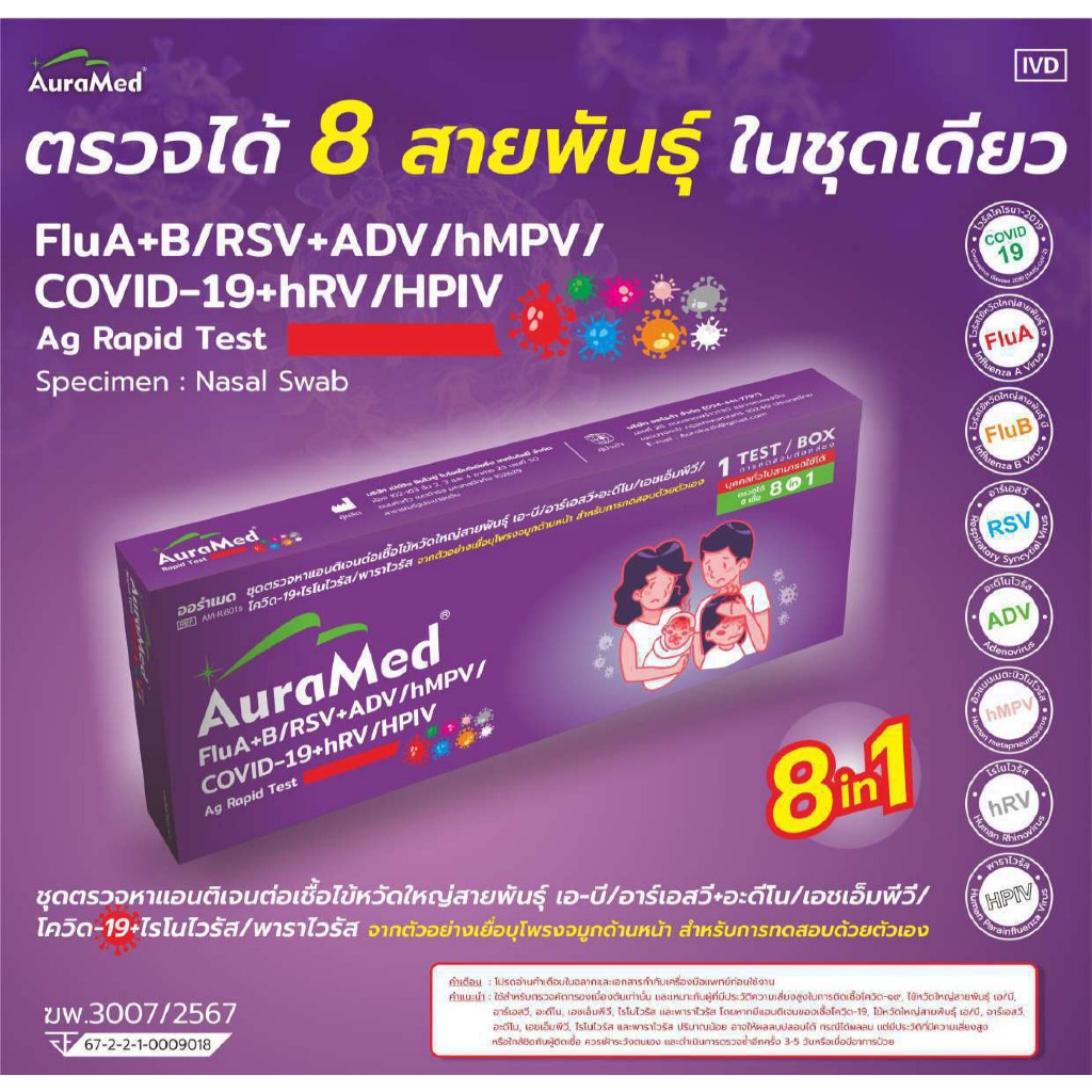 AuraMed FluA+B/RSv+Adeno/hMPV/Covid-19+Rhinovirus/Parainfluenza Virus Ag Rapid Test
