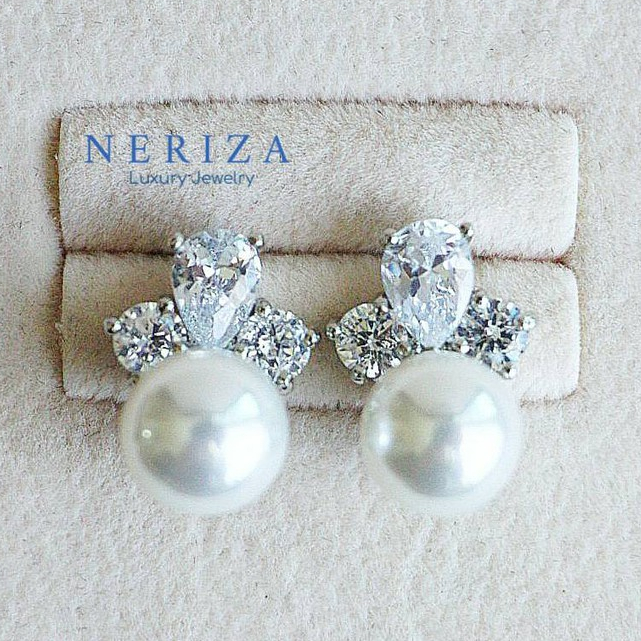Neriza Jewelry/ ต่างหูเพชรสังเคราะห์ประดับมุกเกรดพรีเมี่ยม ประกายไฟเทียบเท่าเพชรแท้ NE070