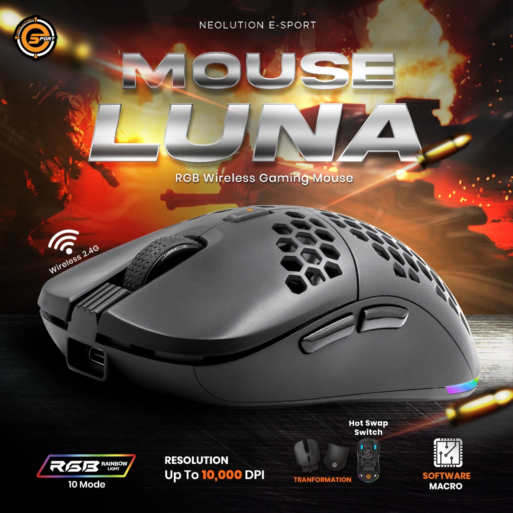 Neolution E-Sport Gaming Mouse Luna เมาส์เกมมิ่งเล่นเกมส์ไร้สาย เม้าส์Macroไร้สาย เปลี่ยนกรอบ เปลี่ย