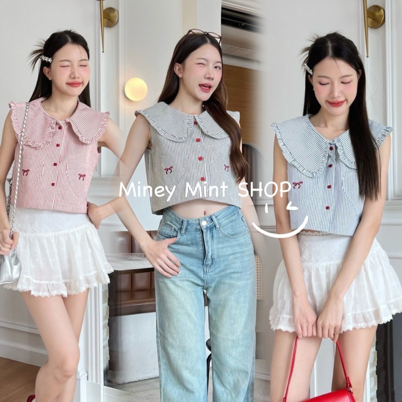 miniminey เสื้อคอปกกระดุมหน้าใช้งานได้จริง ผ้ายีนส์อย่างดี งานปักโบว์น่ารักๆ