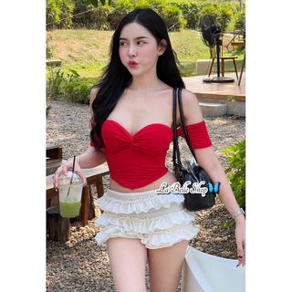 MNV STUDIO เสื้อปาดไหล่แขนสั้น เรย่อนเกรดA เสริมฟองน้ำอกบิดเปิดไหล่มียางยืดด้านหลัง งานแบบใหม่ล่าสุด