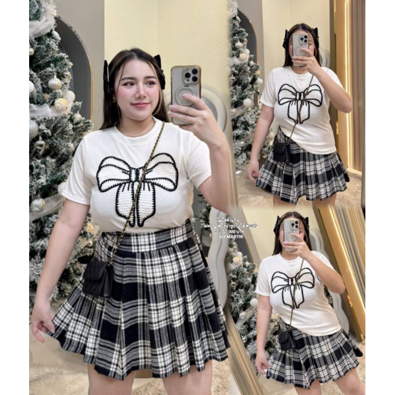เสื้อผ้าร่องแต่งโบว์คอกลมสาวอวบ อก32-46