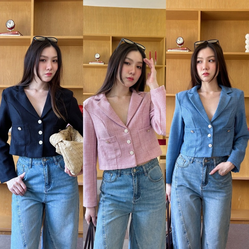 tshopofficial เสื้อ Tweed crop แขนยาว