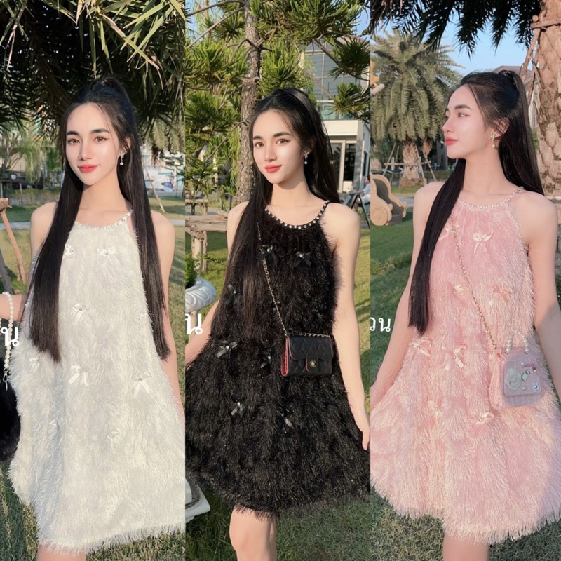 มินิเดรส ขนมิ้ง คล้องคอแต่งมุก แต่งโบว์