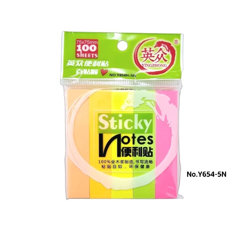 กระดาษสติ๊กโน๊ต โทนสีนีออน No.Y654H-5N มีกาวในตัว 5 สี สีละ 100 แผ่น ขนาด 1.5 x 7.5 ซม. (ราคาต่อ 1 แ