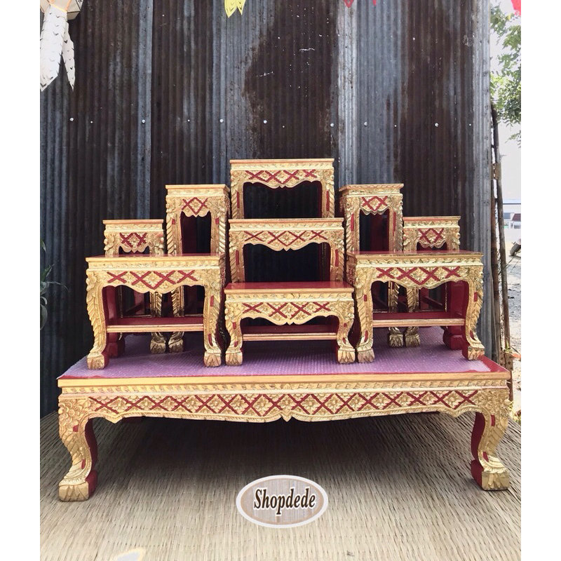 โต๊ะหมู่บูชางานหมู่9หน้า8 ร่องสีแกะสลักปิดทองลายพิกุล ลายดอกโต๊ะหมู่บูชาไม้สน