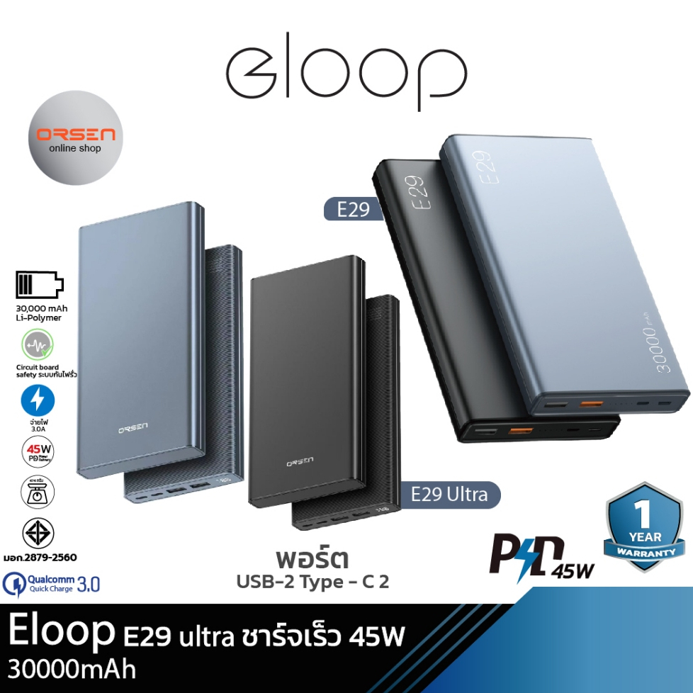 Orsen by Eloop รุ่นใหม่ E29 Ultra ชาร์จไว 45W แบตเตอรี่ 30,000 mAh พาวเวอร์แบงค์