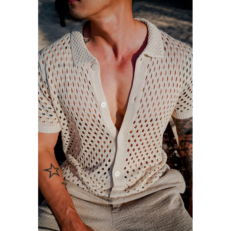 ROBMAN New collection เสื้อตาข่ายผู้ชาย Summer สีเบจ ผ้าคัตติ้งดี เสื้อผู้ชายเกาหลี ผู้ชายสายฝอ RM50