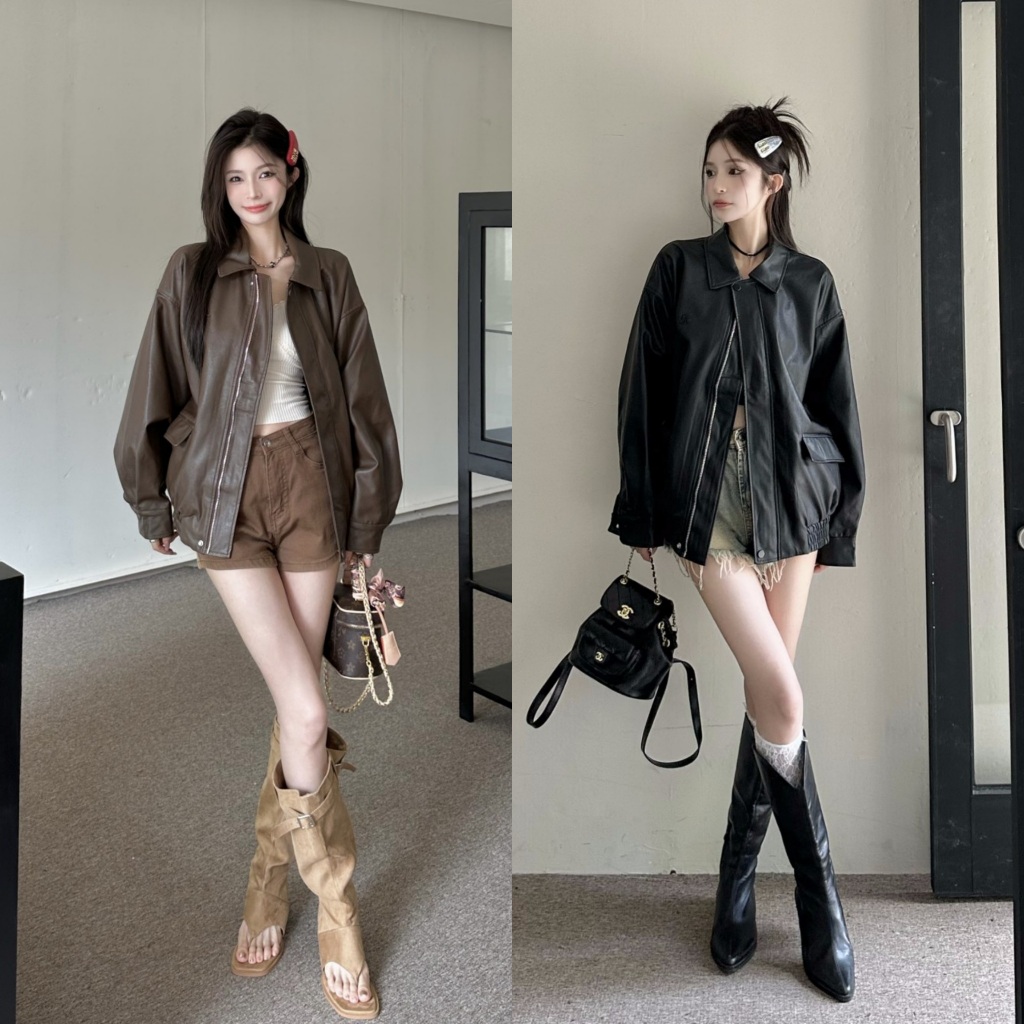 พร้อมส่ง 2สี เสื้อแจ็คเก็ตหนังแขนยาว ทรงOversize (T400)
