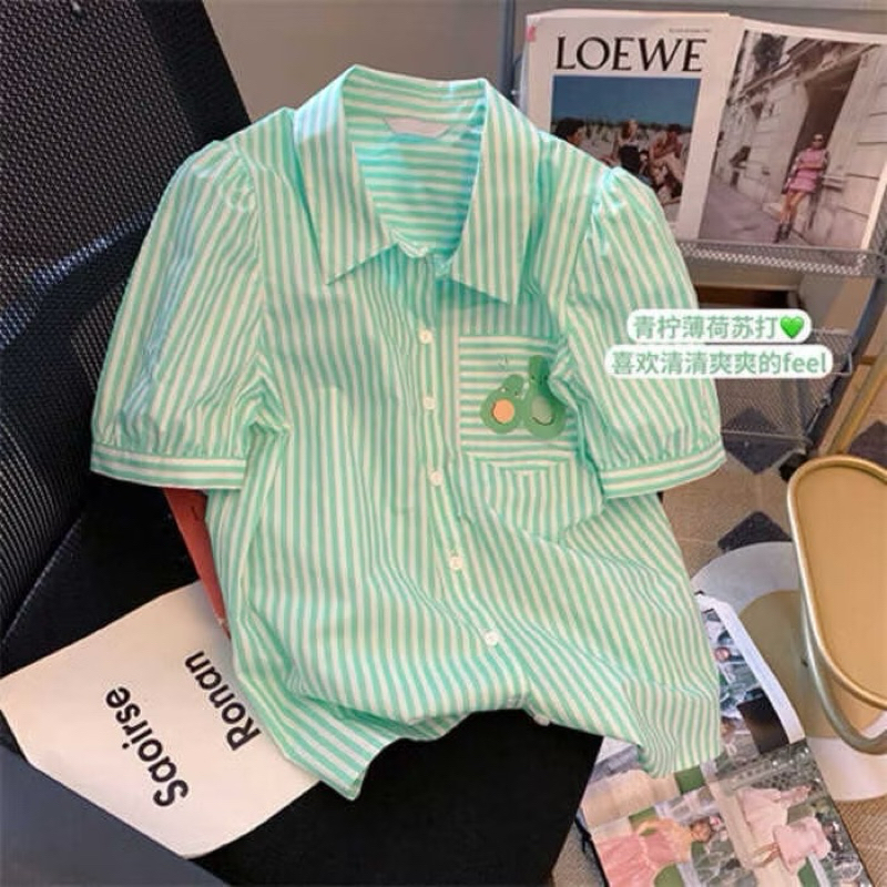 Puffy Mint Green Striped Cartoon Shirt ❤️ อก44ยาว23
