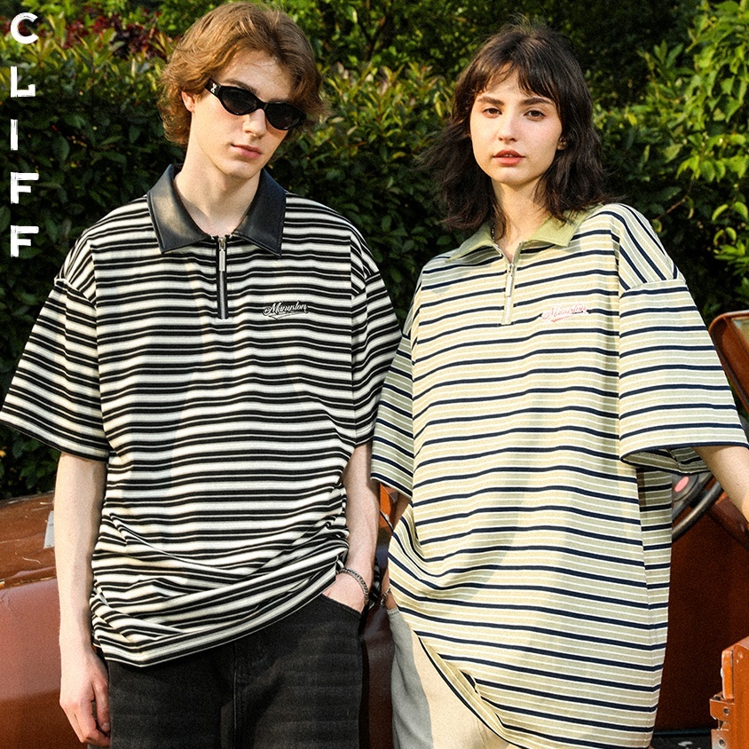 CLIFF อเมริกัน วินเทจ POLO เสื้อ เสื้อยืดลายทาง เสื้อลำลอง หลวม ชุดคู่รัก