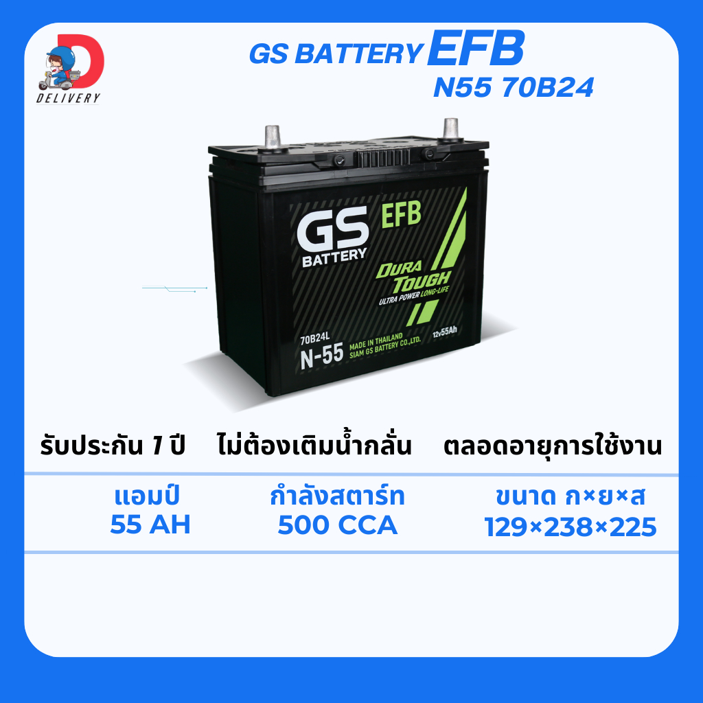 GS Battery EFB N55 70B24L 55แอมป์ แบตเตอรี่รถยนต์ ไม่ต้องเติมน้ำกลั่น