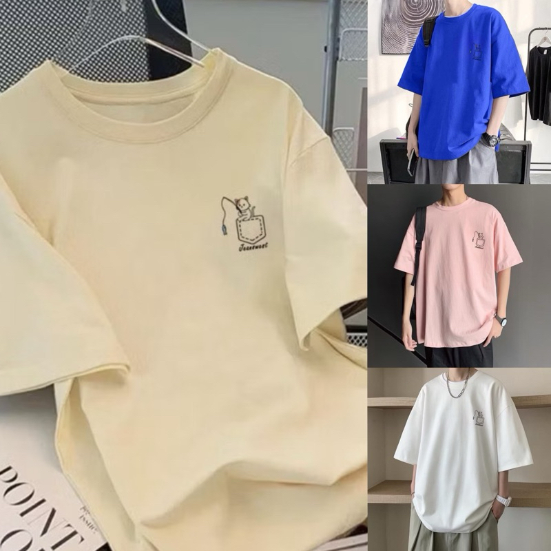 SOS เสื้อยืดคอตตอน100% OVERSIZE แมวตกปลา ผ้านุ่ม รีดง่าย ใส่สบาย#A4