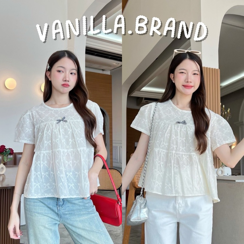 เสื้อระบาย ผ้าคอตตอล ติดโบว์ -kn / VB0514