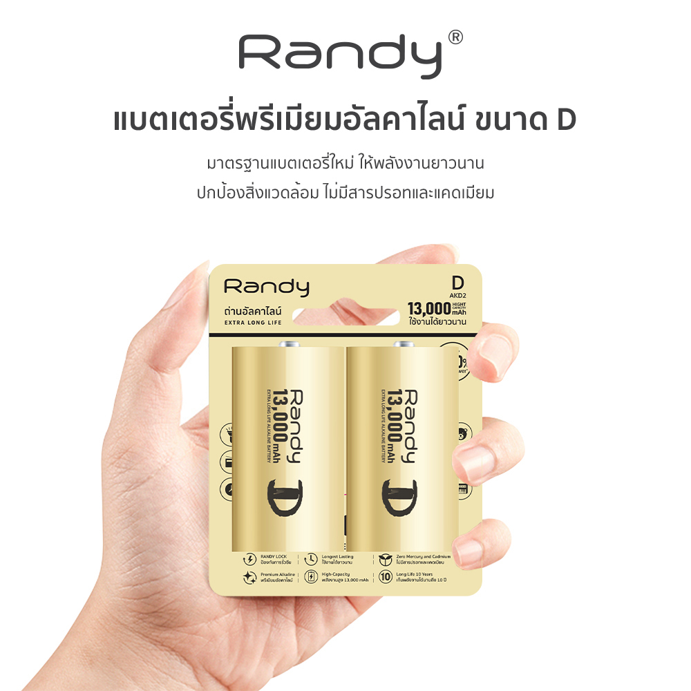 [3แถม1แผง]Randy Alkaline Battery ถ่าน D 13000Mah แบตเตอรี่ ความจุสูง ถ่าน วิทยุ ของเล่น ถ่านไฟฉาย นาฬิกา เก็บได้นาน10ปี