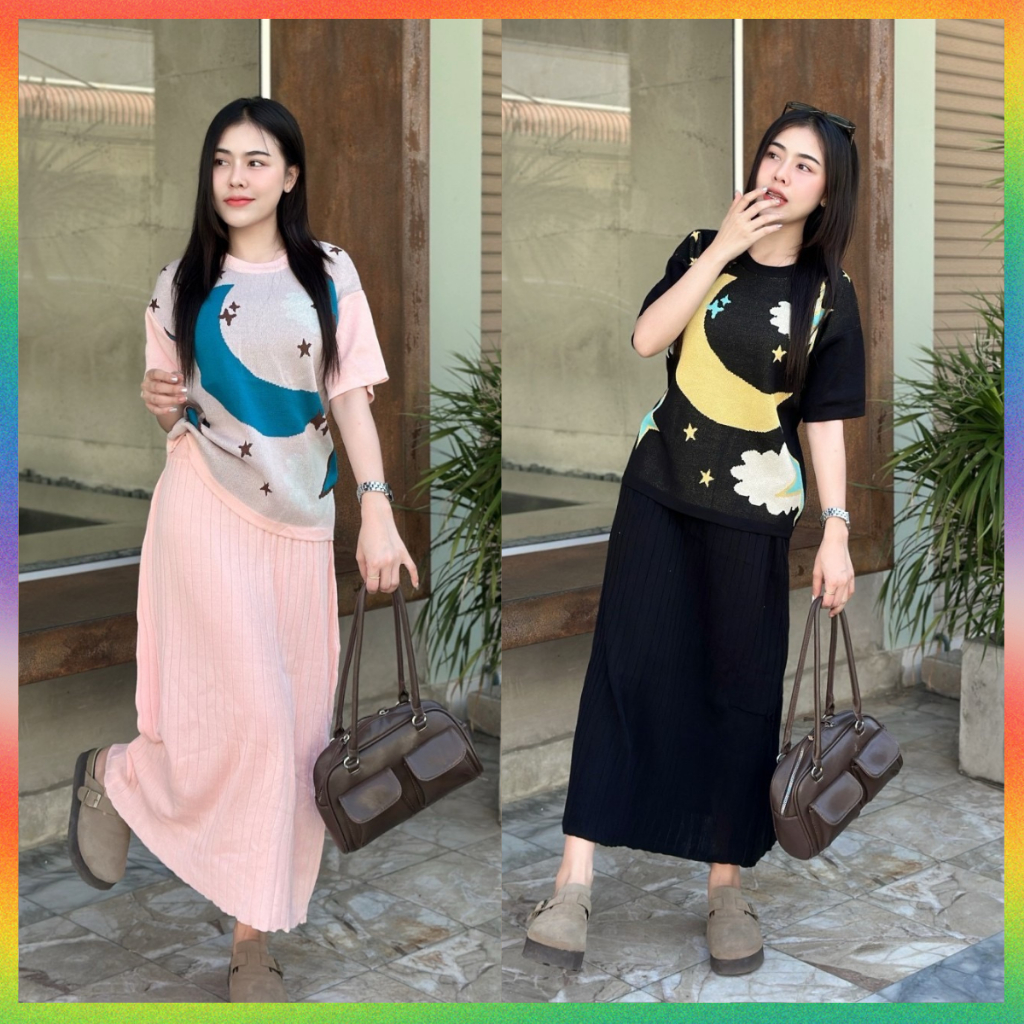 🌈MesubShop🌈งานเซ็ต2ชิ้น เสื้อคอกลมแขนสั้น+กระโปรงยาว ผ้าไหมพรมยืดยอะ 💗 ผ้านิ่มใส่สบาย ทอลายน่ารักๆ รุ่น ดวงจันทร์