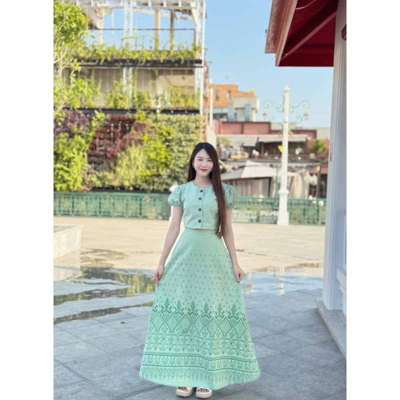 TANTANOD -รหัสTL25 ชุดเซต เสื้อแขนตุ๊กตากระดุมกะลา กระโปรงยาวทรงบาน(ผ้าฝ้ายพิมพ์ลาย) รุ่นNapha - รูปที่ 5