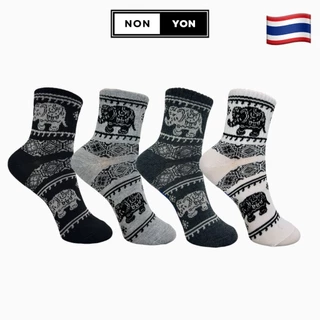(สินค้างานไทย) ถุงเท้าข้อกลางลายช้าง เนื้อหนานุ่ม สีพื้น เซต 1 คู่ #WK