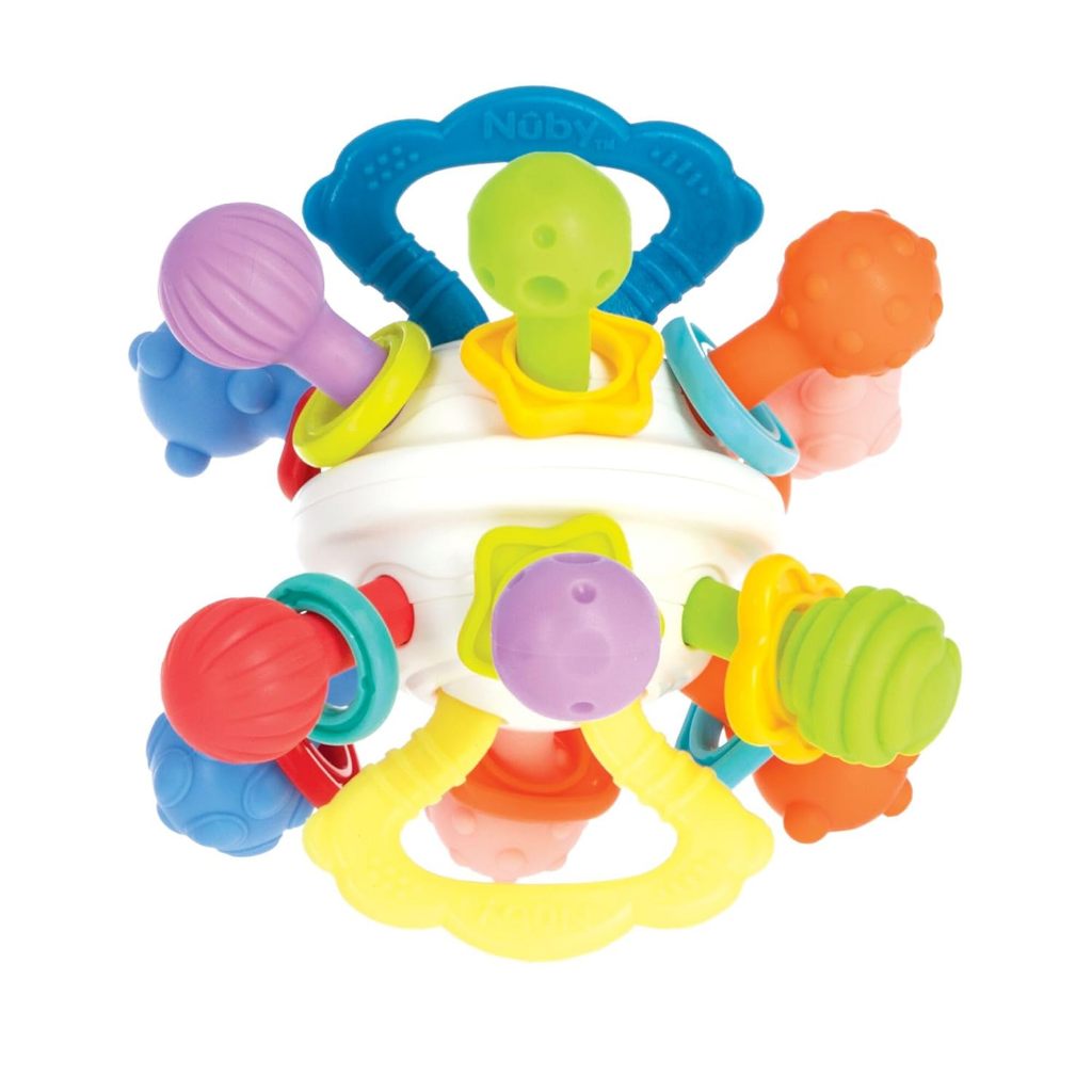 Nuby Twist Ball Teether – ของเล่นกัดทรงลูกบอล พร้อมลูกแก้วเขย่าและสีสันสดใส ช่วยพัฒนาทักษะการใช้มือ