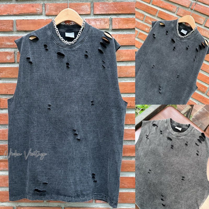 เสื้อยืดแต่งขาดแขนล่ำ วินเทจงานป้าย โอเวอร์ไซร์ อก46.-