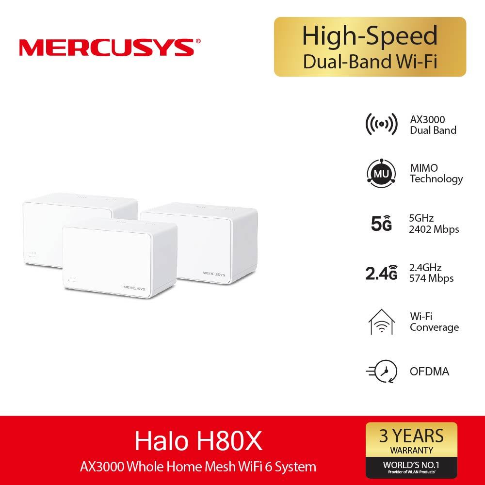 Mercusys Halo H80X(3-Pack) AX3000 Whole Home Mesh WiFi 6 System