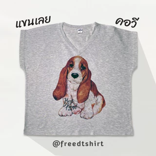 FREED คอวี เสื้อแขนเลยสีเทา ผ้าTktopdye พิมพ์ลายน่ารัก