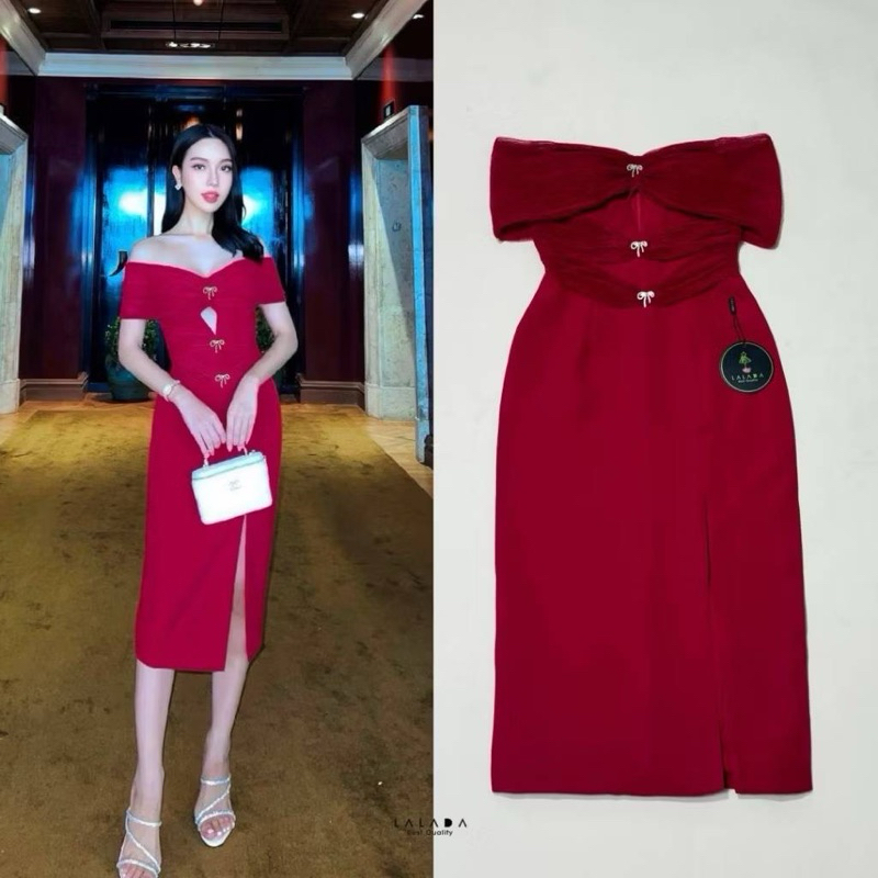 XS S M มือ1 LALADA เดรสใส่ออกงานทรงปาดไหล่สีแดง แต่งผ่าข้างข้างหน้า มีเข็มกลัดโบว์เพรช ใส่สวยสุดๆ ป้าย LALADA