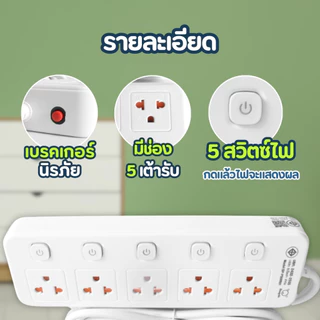 SHEEPOLA ปลั๊กไฟ ปลั๊กพ่วง มีมอก. ประกัน3ปี 5ช่อง 5สวิตช์ ยาว3เมตร ยาว5เมตร รองรับวัตต์ได้สูง ปลั๊กมินิมอล ปล๊กสามตา