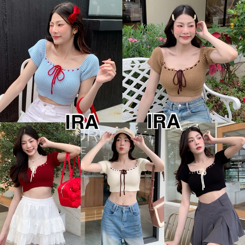 BY IRA (1175) Bowie Top พร้อมส่ง  เสื้อไหมพรมครอปท๊อป ดีเทลแขนพองตุ๊กตา ผูกโบว์ที่หน้าอก