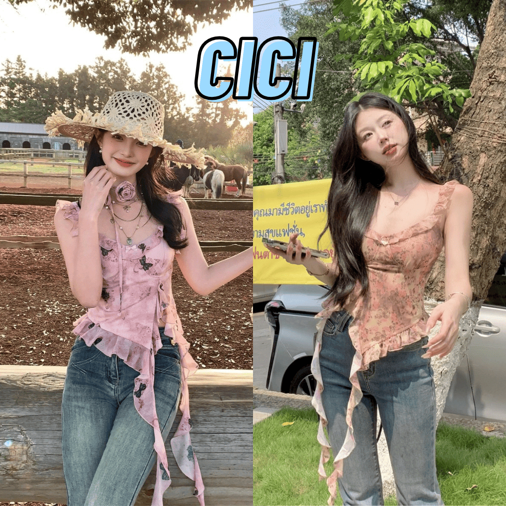 ส่งทันที Cici(NO. D0266) เสื้อสายเดี่ยวผ้าตาข่ายติดโบว์ ลายพิมพ์มีฟองน้ำ สม็อคหลังแต่งระบาย สไตล์สาวเกาหลี
