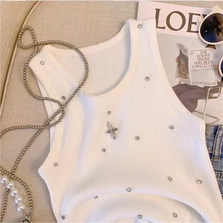 (พร้อมส่ง/ใหม่#80001-1) เสื้อสายเดี่ยวแขนกุดผ้าถัก เสื้อสตรีไหมพรม เสื้อกล้ามผู้หญิงประดับเพชรเก๋ไก๋สไตล์เกาหลี