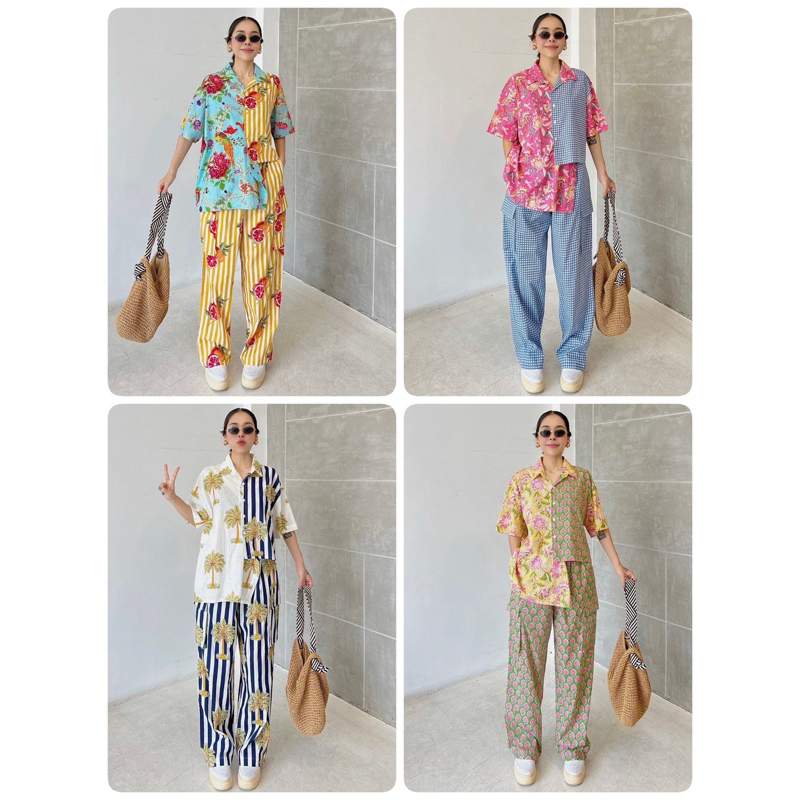 ISSARA (IC25-SET263-1) ชุดเซ็ทผ้าคอตตอนอินเดีย เสื้อ+กางเกงเอวสม็อค /อก50นิ้ว/SET/ผู้ใหญ่/